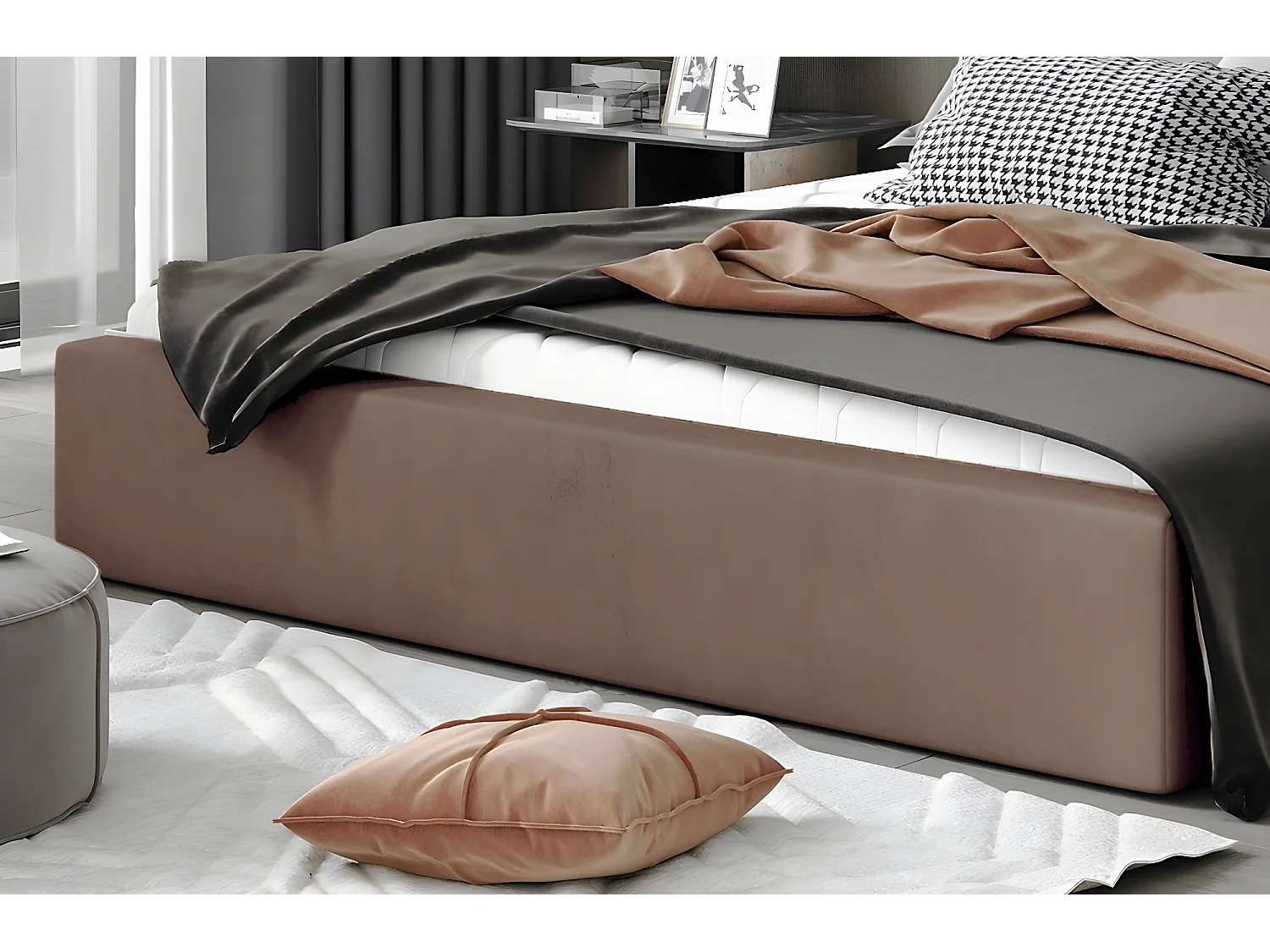 Lit double en tissu velours de qualité luxe, AUDE, marron, 160x200