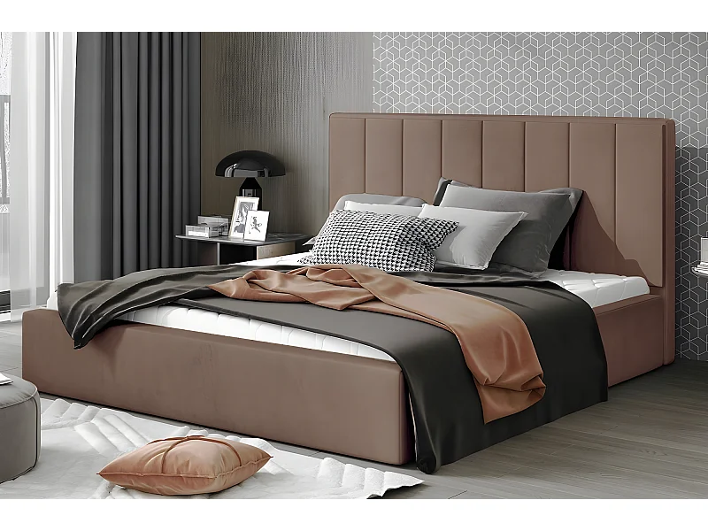 Lit double en tissu velours de qualité luxe, AUDE, marron, 160x200