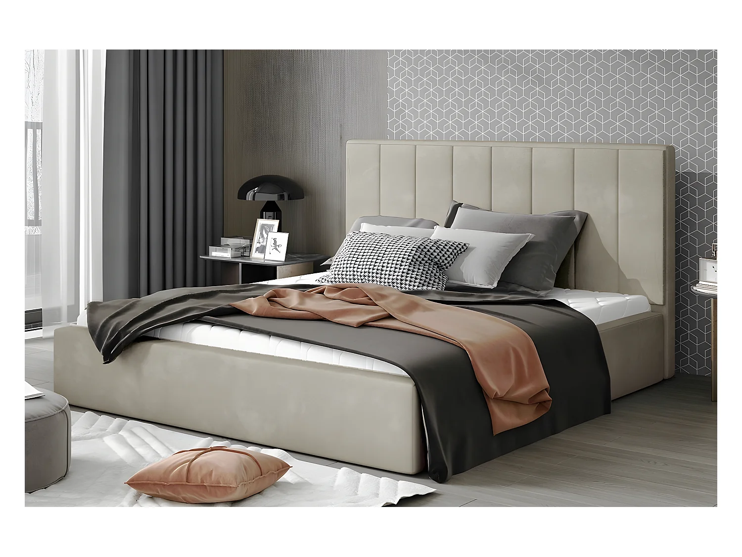 Luxe tweepersoonsbed van hoogwaardige stof, AUDE, beige, 160x200, eigentijdse stijl