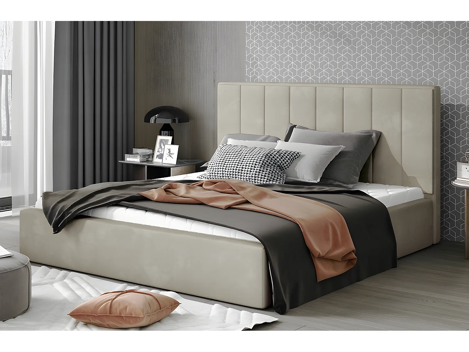 Lit double en tissu de qualité luxe, AUDE, beige, 160x200
