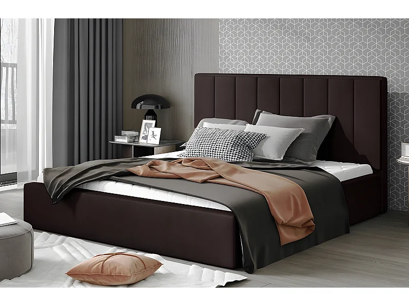 Lit double en tissu velours de qualité luxe, AUDE, chocolat, 180x200