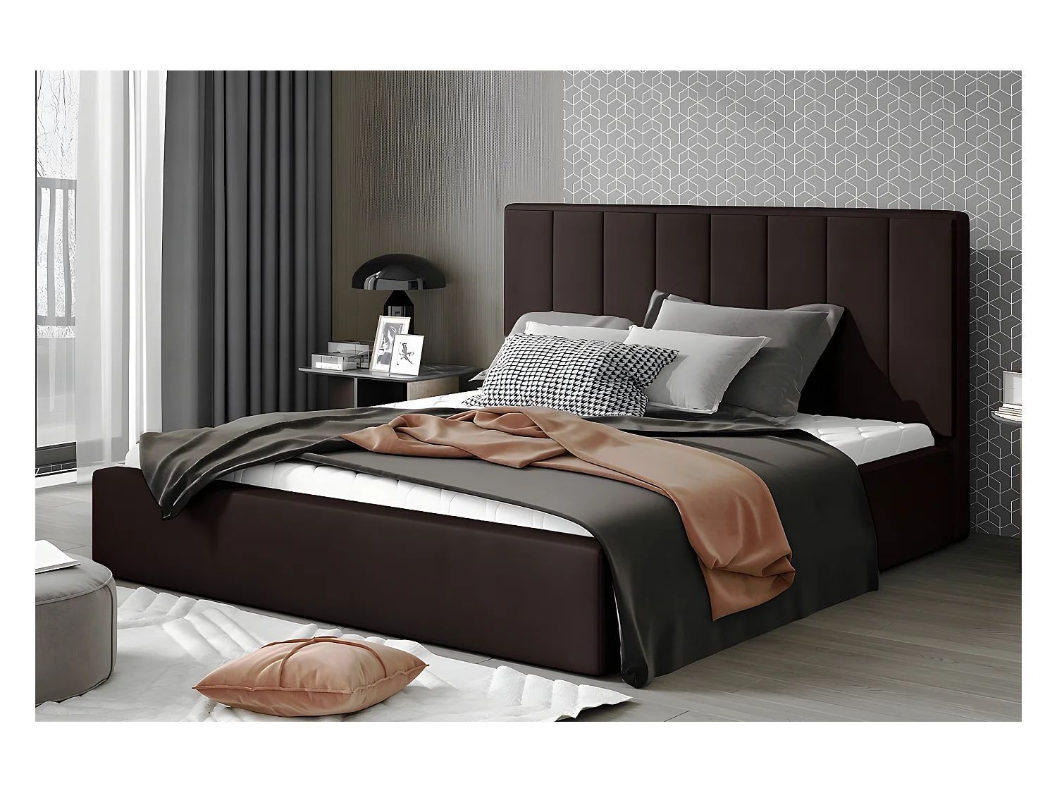 Lit double en tissu velours de qualité luxe, AUDE, chocolat, 180x200