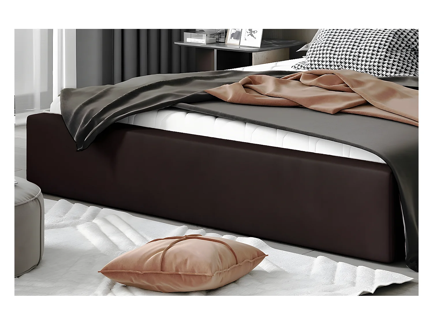 Lit double en tissu velours de qualité luxe, AUDE, chocolat, 180x200