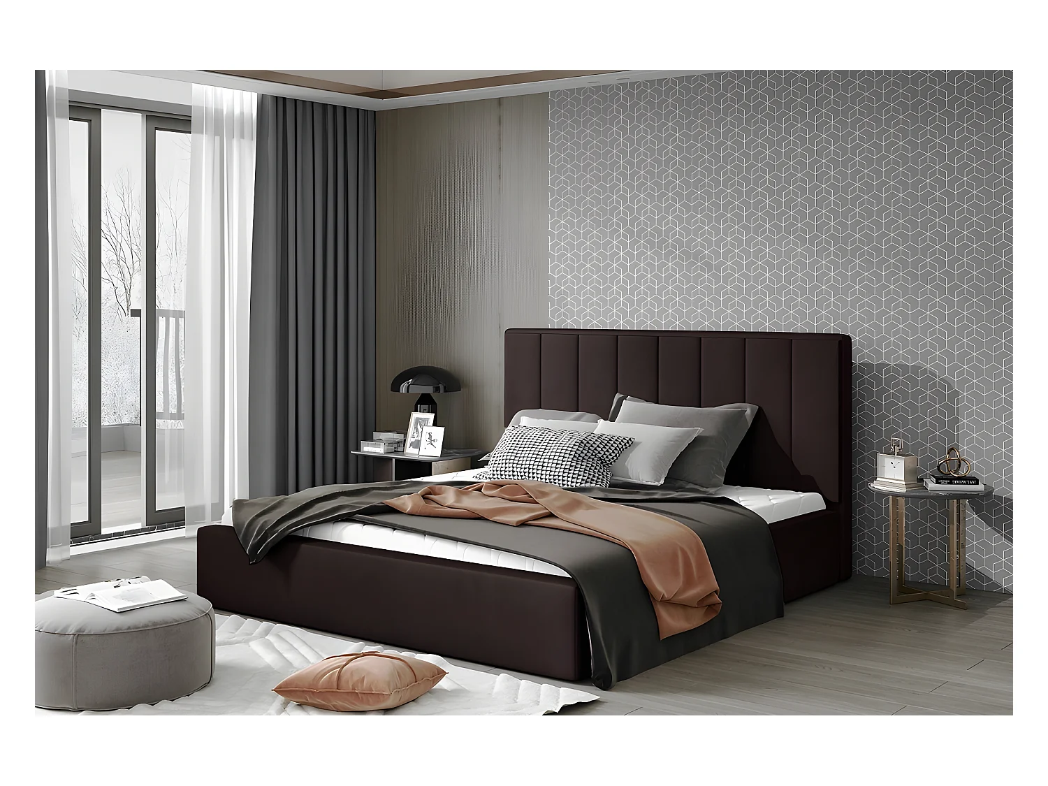 Lit double en tissu velours de qualité luxe, AUDE, chocolat, 180x200
