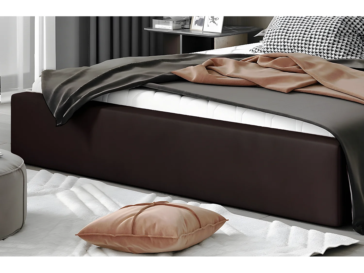 Lit double en tissu velours de qualité luxe, AUDE, chocolat, 180x200