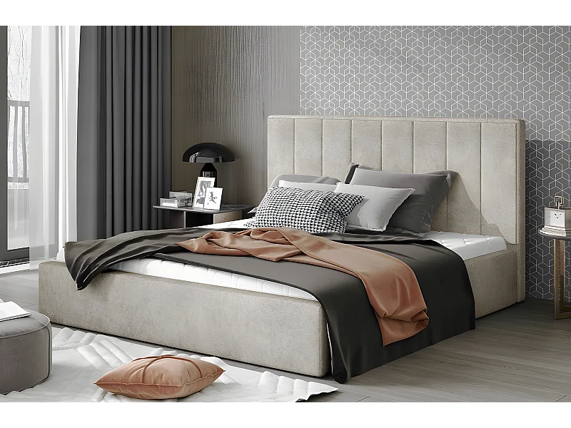 Lit double en tissu velours de qualité luxe, AUDE, beige, 160x200