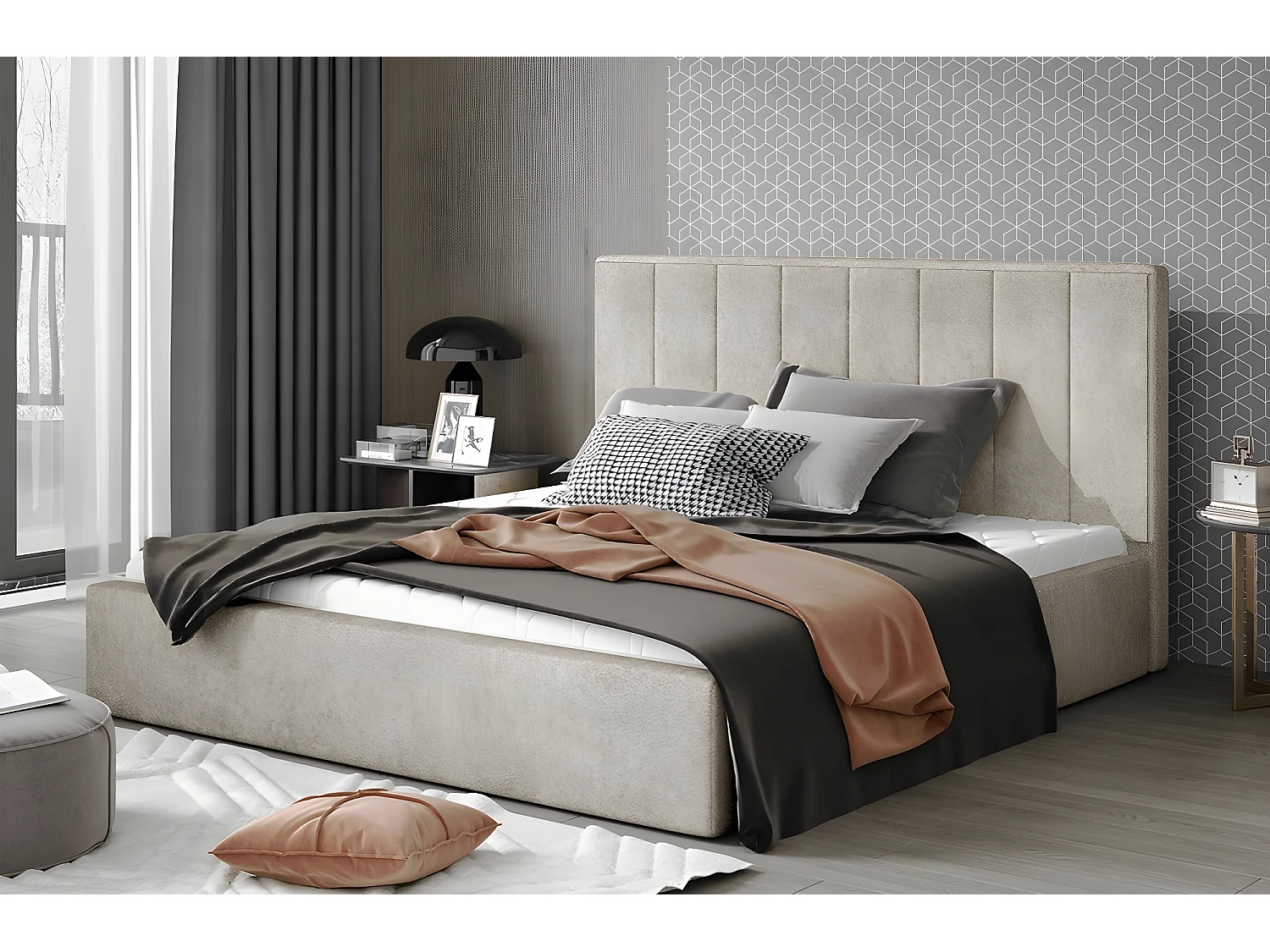 Lit double en tissu velours de qualité luxe, AUDE, beige, 160x200