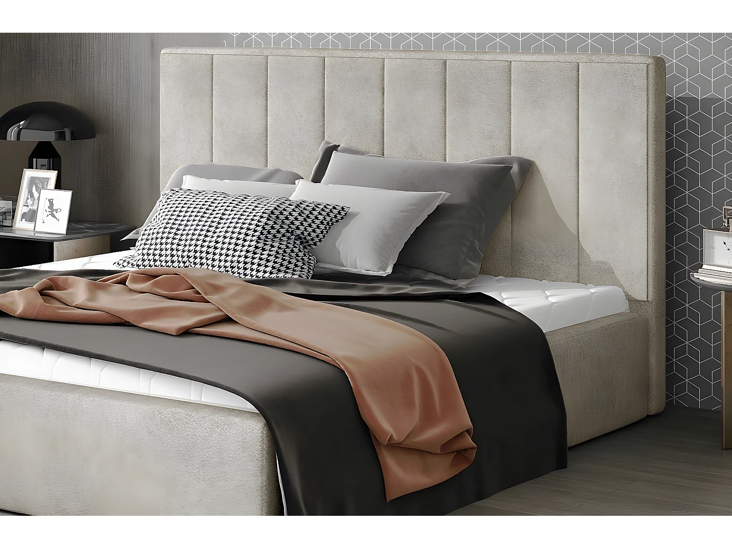 Lit double en tissu velours de qualité luxe, AUDE, beige, 160x200