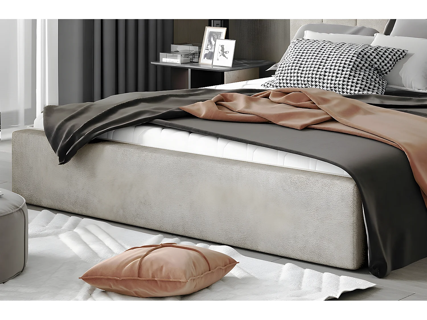 Lit double en tissu velours de qualité luxe, AUDE, beige, 160x200