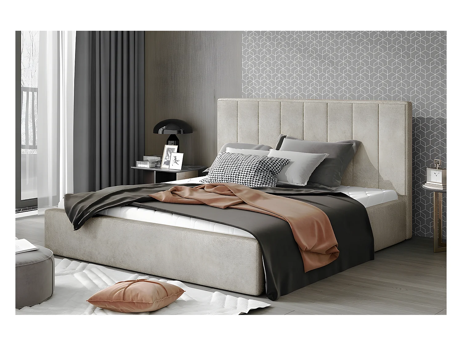 Lit double en tissu velours de qualité luxe, AUDE, beige, 160x200