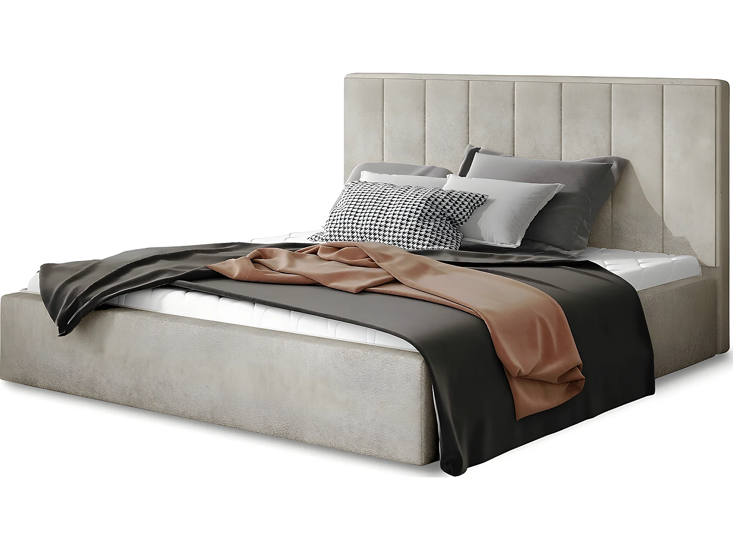 Lit double en tissu velours de qualité luxe, AUDE, beige, 160x200