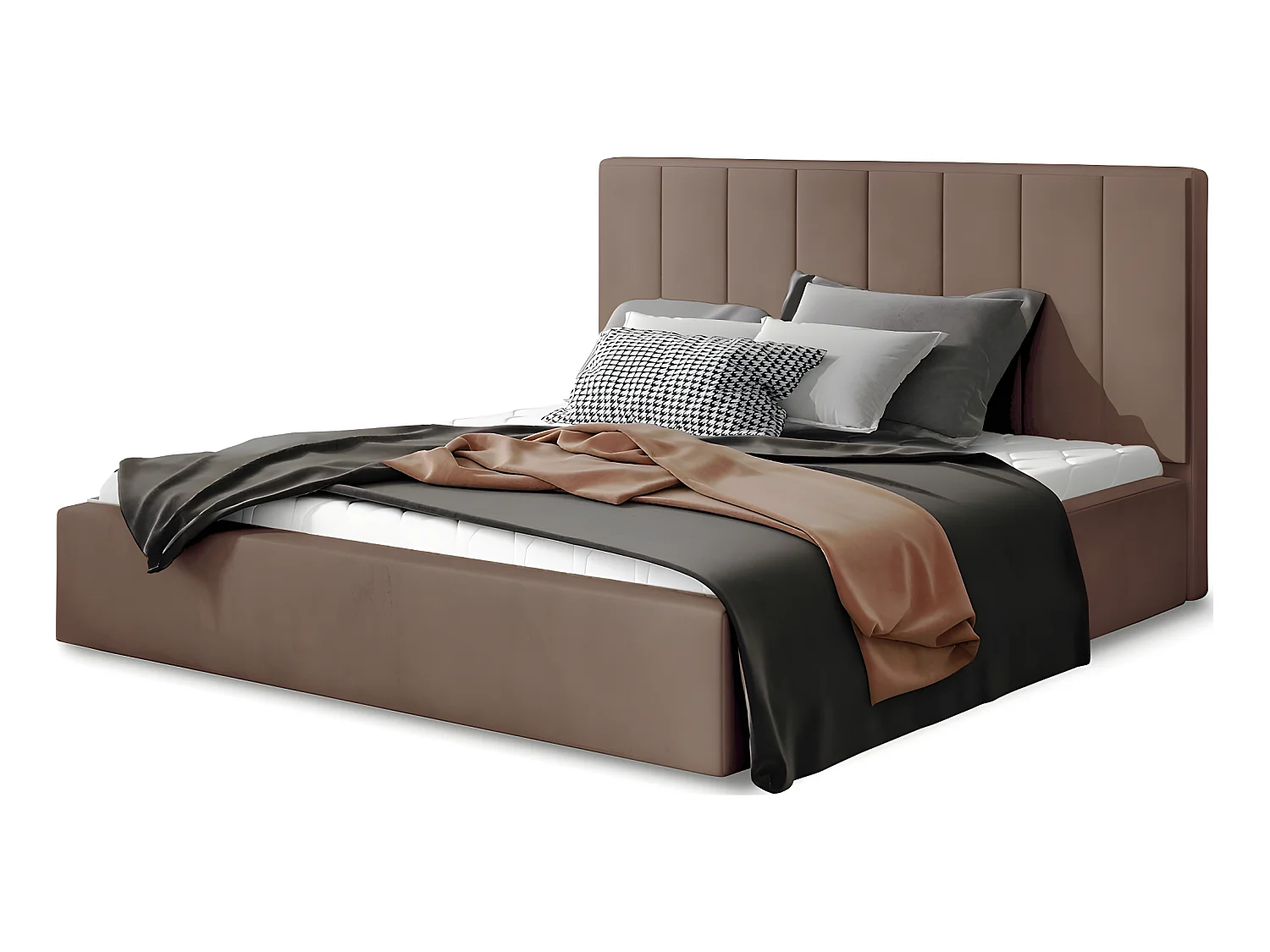 Lit double en tissu velours de qualité luxe, AUDE, marron, 140x200