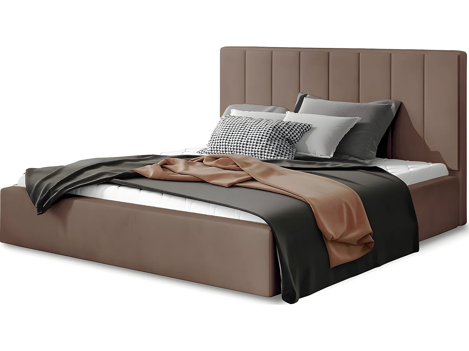 Lit double en tissu velours de qualité luxe, AUDE, marron, 140x200