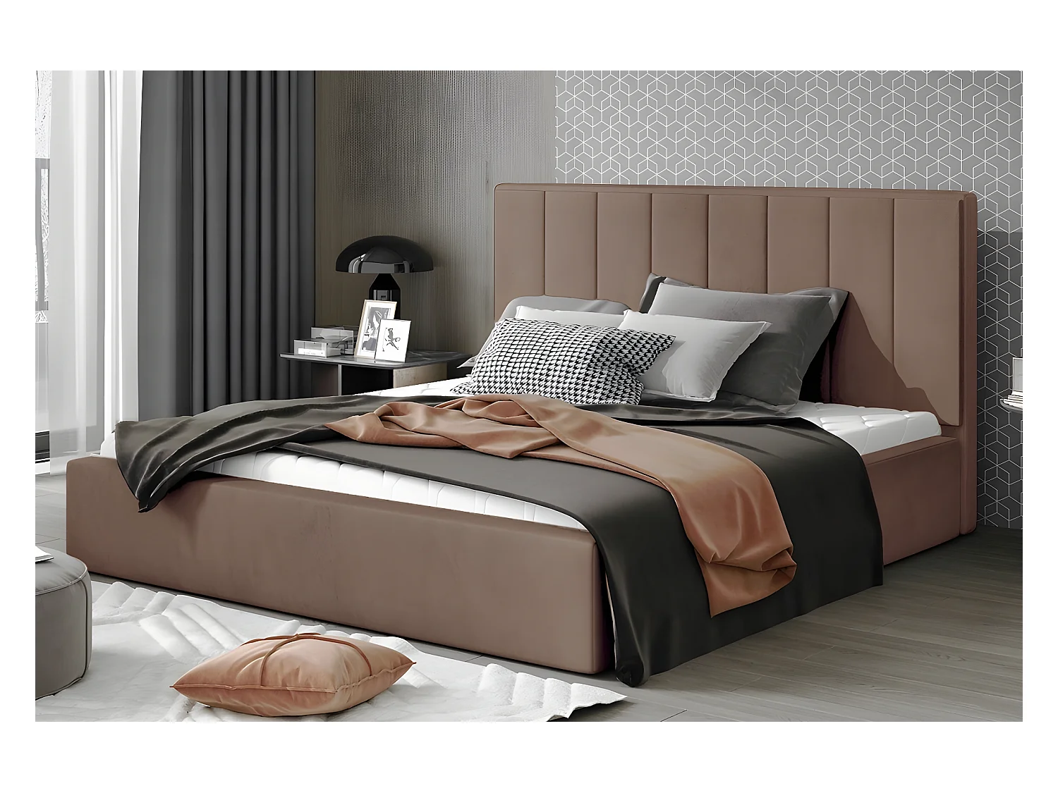 Lit double en tissu velours de qualité luxe, AUDE, marron, 200x200