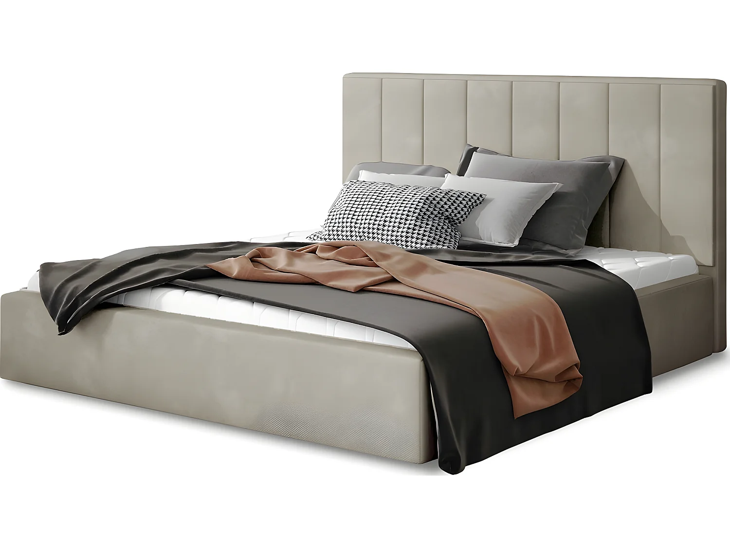 Lit double en tissu velours de qualité luxe, AUDE, beige, 200x200