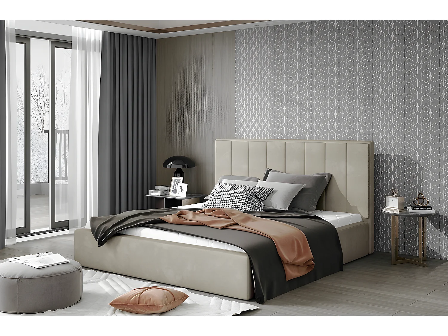 Lit double en tissu velours de qualité luxe, AUDE, beige, 200x200