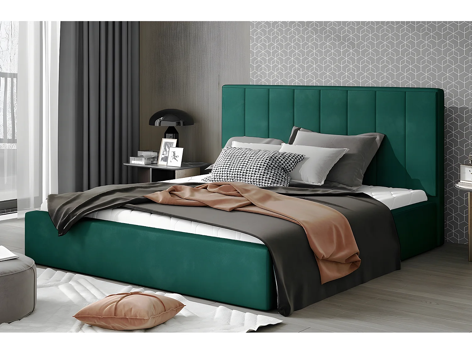 Lit double en tissu velours de qualité luxe, AUDE, vert, 140x200