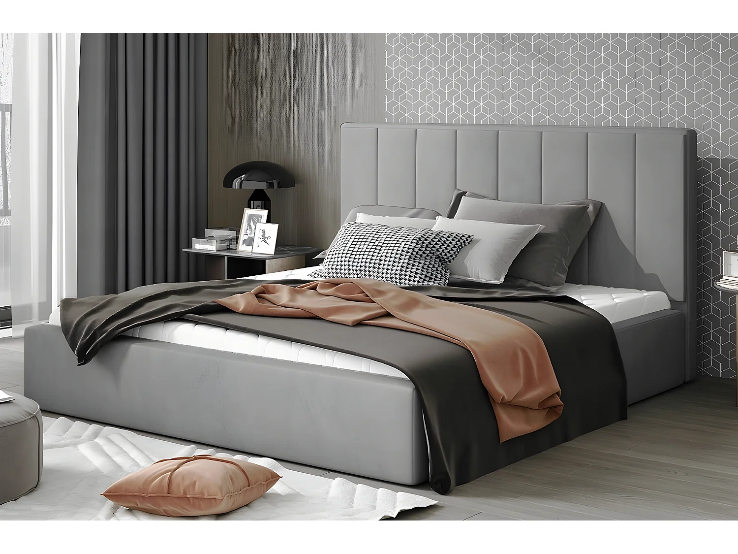 Luxe tweepersoonsbed van fluweelachtige kwaliteit, AUDE, grijs, 180x200, eigentijdse stijl