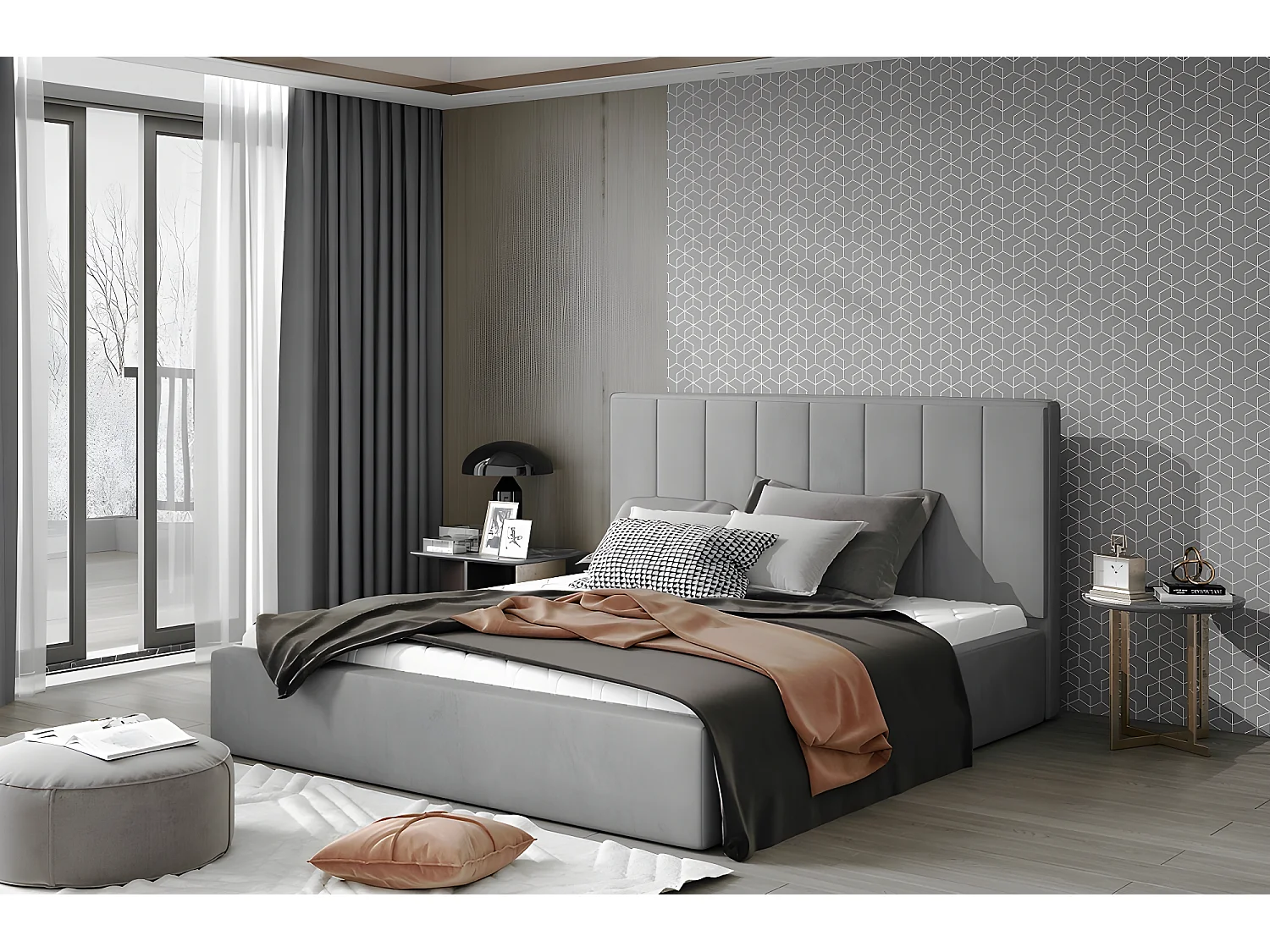 Luxe tweepersoonsbed van fluweelachtige kwaliteit, AUDE, grijs, 180x200, eigentijdse stijl