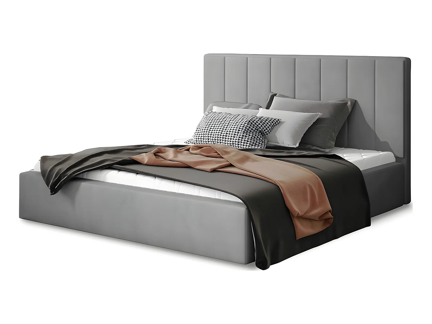 Lit double en tissu velours de qualité luxe, AUDE, gris, 180x200
