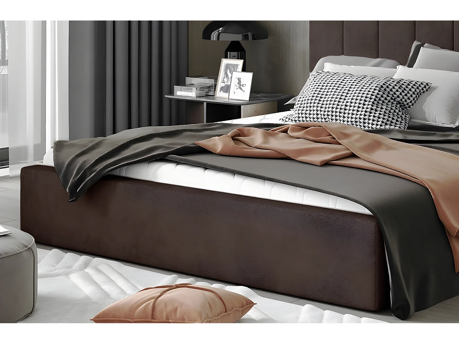 Lit double en tissu de qualité luxe, AUDE, chocolat, 180x200