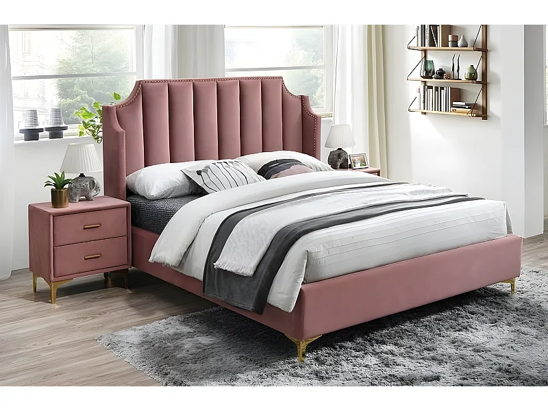 Tweepersoonsbed van MONOTI fluweel stof, lichtroze, met lattenbodem, 160x200