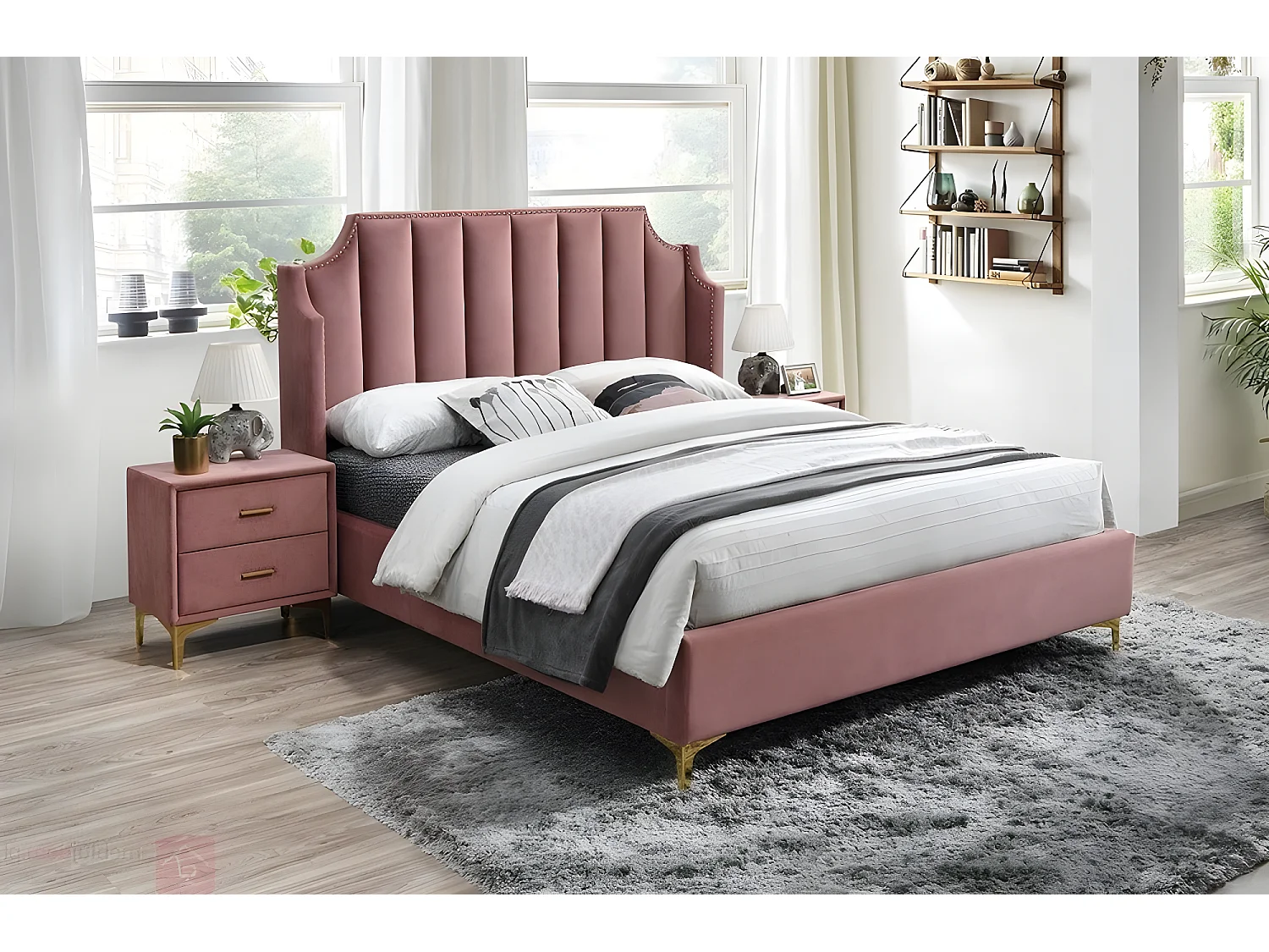 Lit double en tissu velours de qualité MONOTI, rose pale, avec sommier à lattes, 160x200