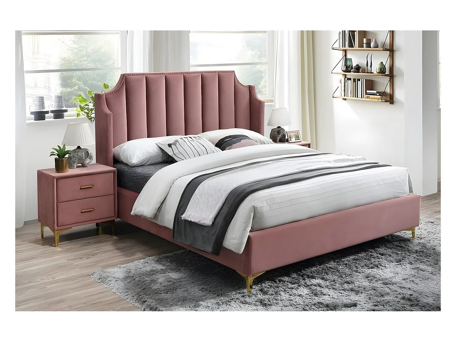 Tweepersoonsbed van MONOTI fluweel stof, lichtroze, met lattenbodem, 160x200