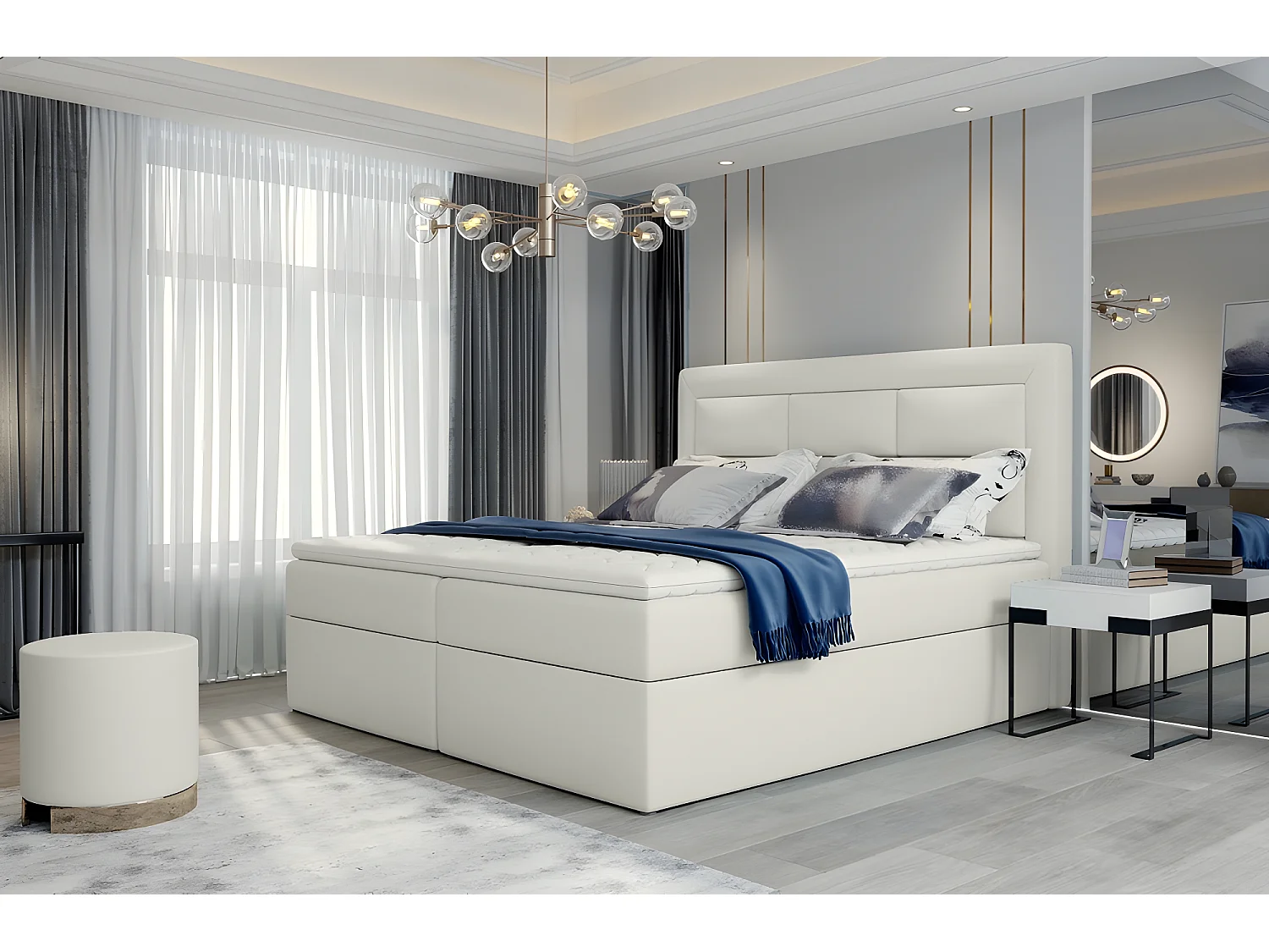 Ensemble boxspring complet tête de lit + sommiers + matelas + surmatelas VISTA de VENESETTI - simili cuir ivoire - 160 x 200 cm