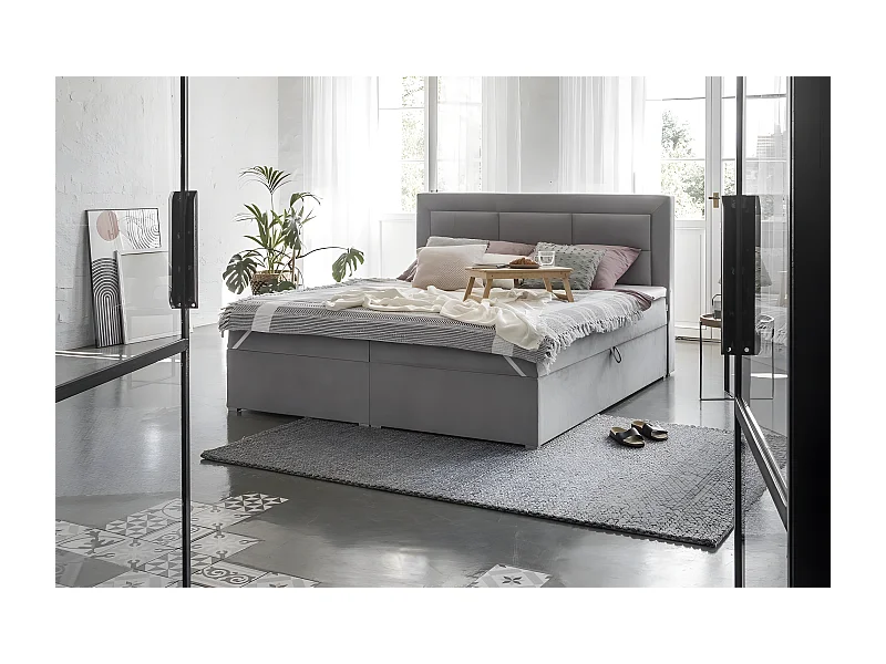 Ensemble boxspring complet tête de lit + sommiers + matelas + surmatelas VISTA VELOURS de VENESETTI - tissu velours luxe gris - 180 x 200 cm