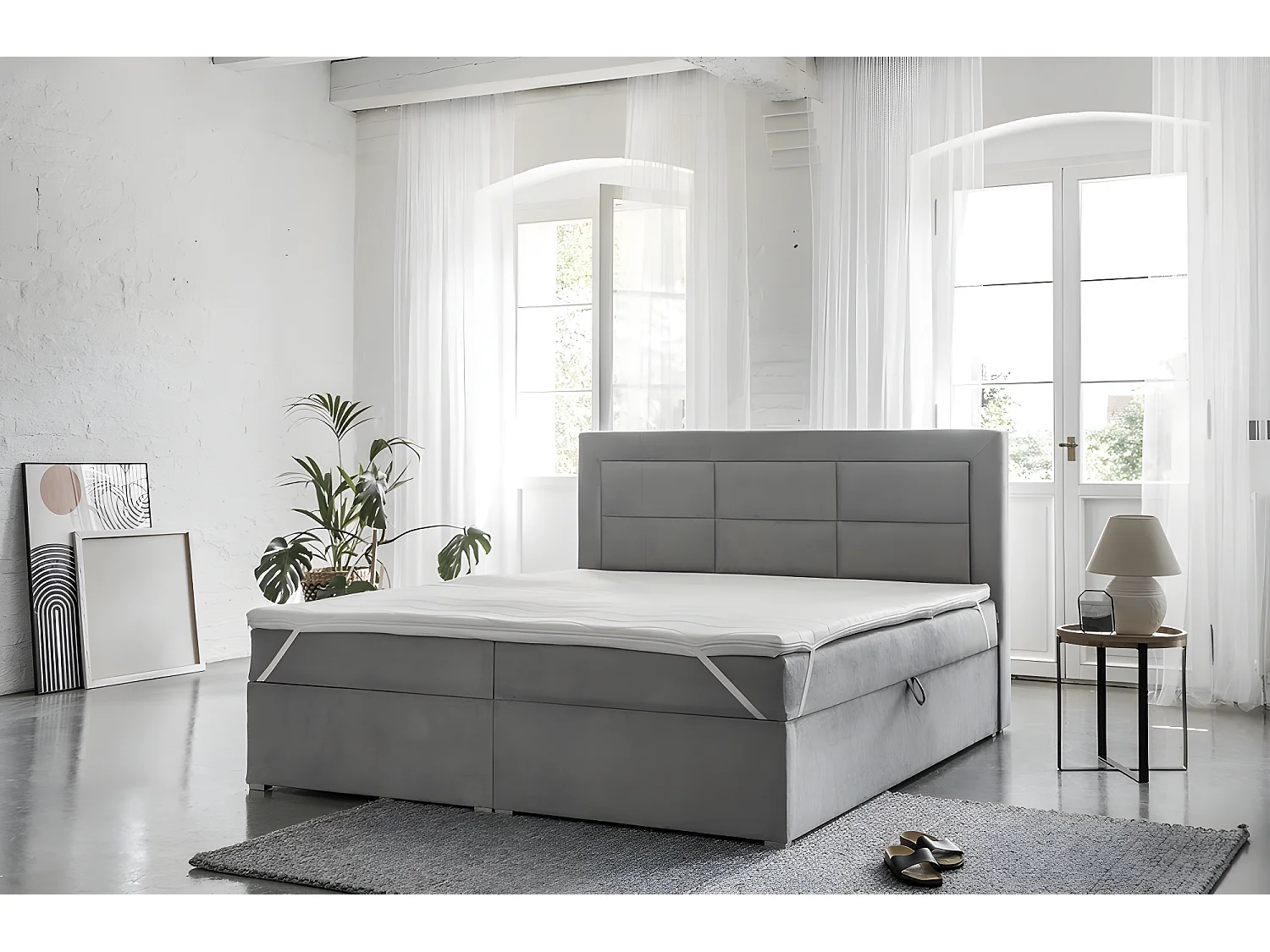 Ensemble boxspring complet tête de lit + sommiers + matelas + surmatelas VISTA VELOURS de VENESETTI - tissu velours luxe gris - 180 x 200 cm