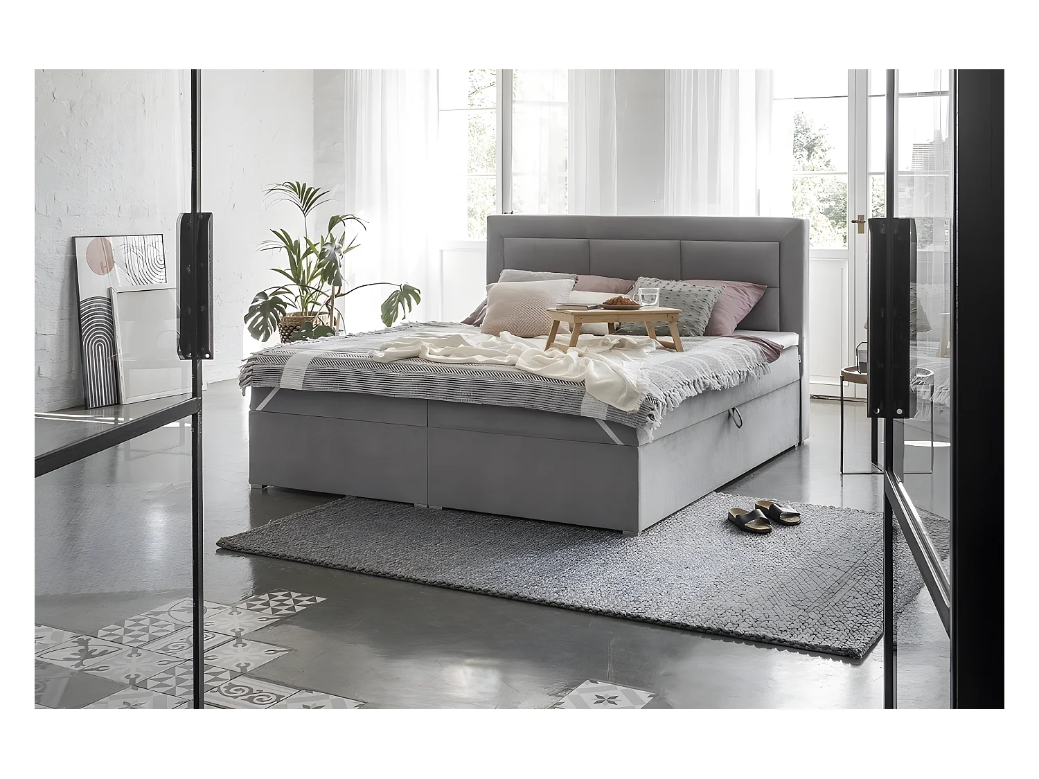 Ensemble boxspring complet tête de lit + sommiers + matelas + surmatelas VISTA VELOURS de VENESETTI - tissu velours luxe gris - 180 x 200 cm