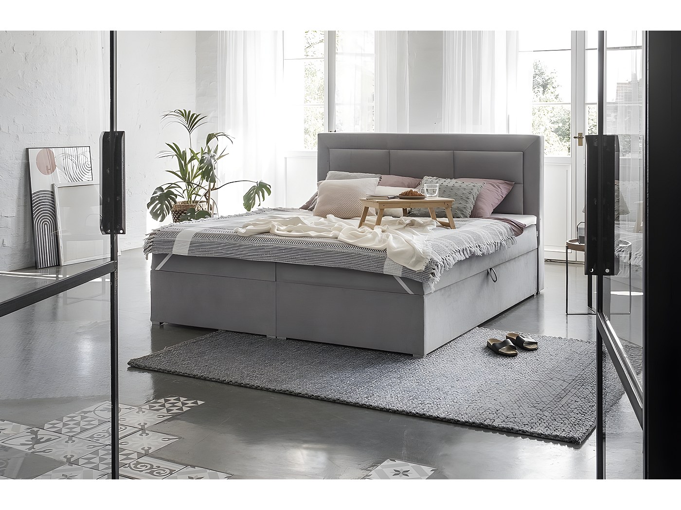 Ensemble boxspring complet tête de lit + sommiers + matelas + surmatelas VISTA VELOURS de