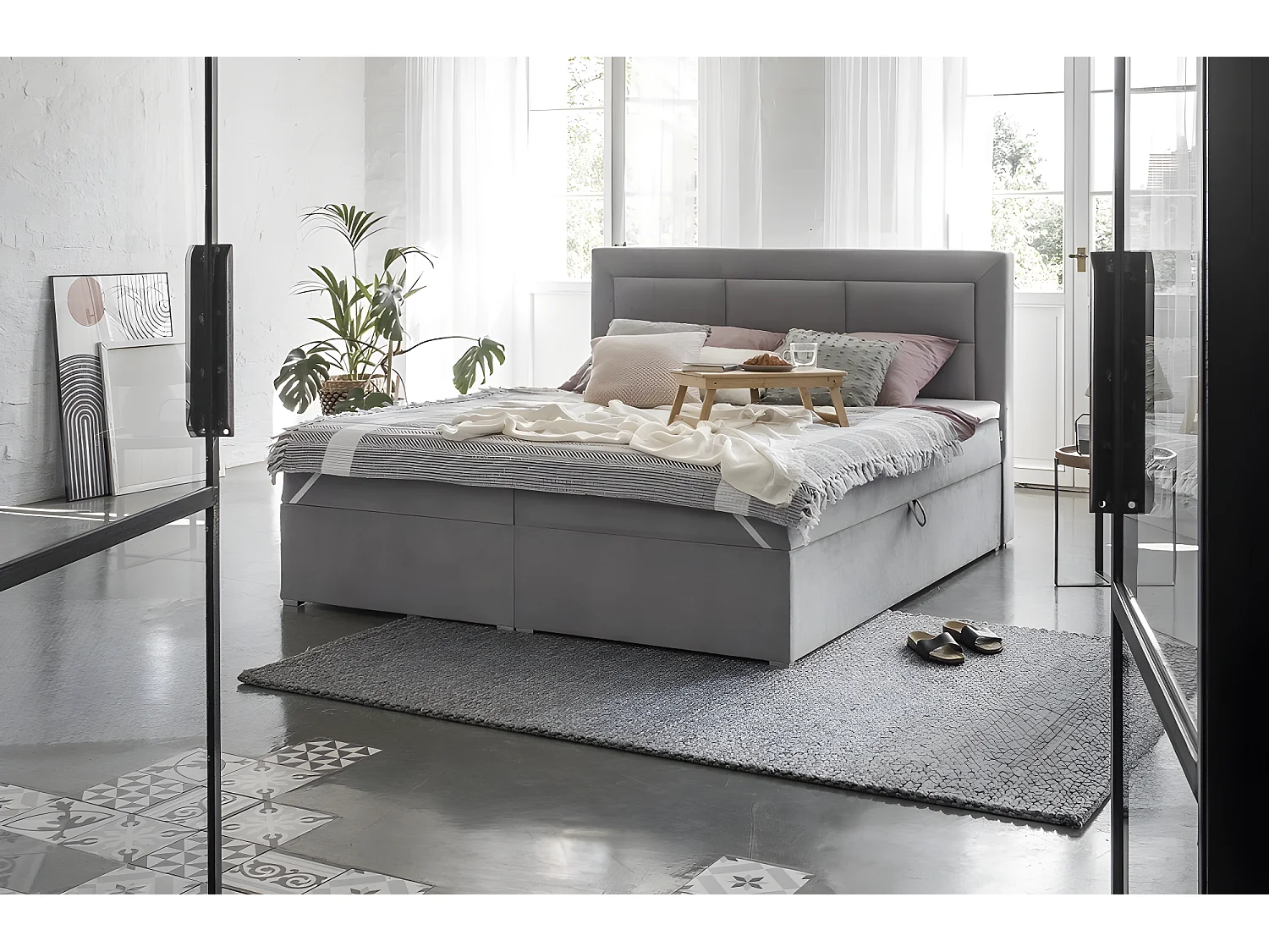 Ensemble boxspring complet tête de lit + sommiers + matelas + surmatelas VISTA VELOURS de VENESETTI - tissu velours luxe gris - 180 x 200 cm