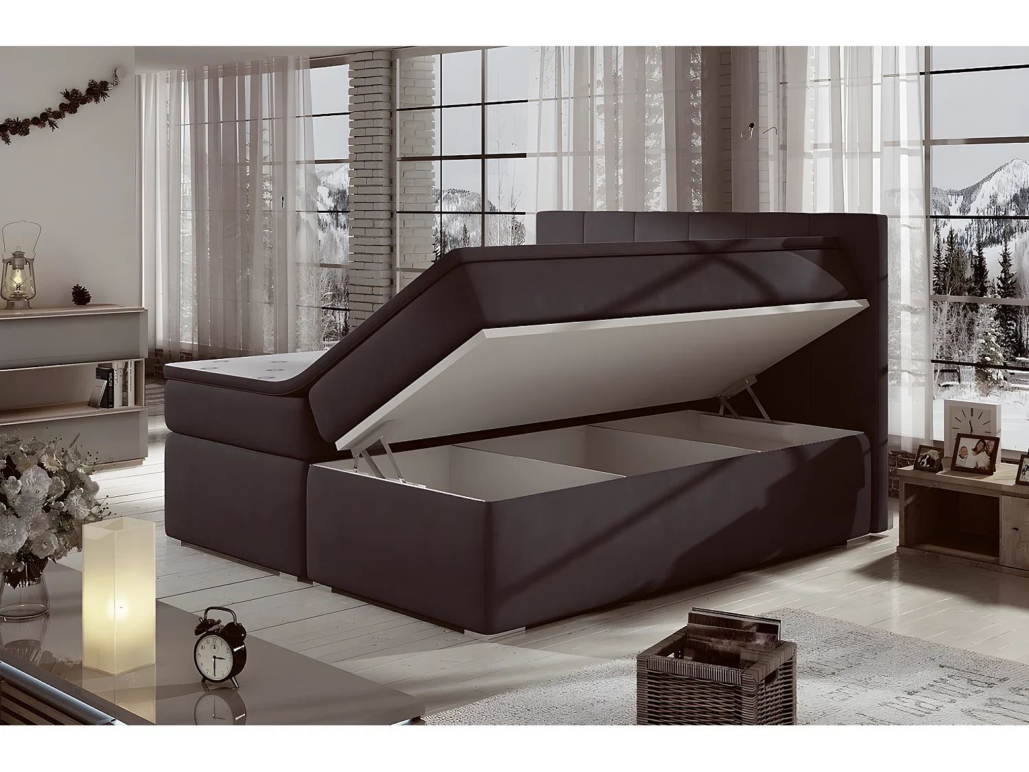 Ensemble boxspring complet tête de lit + sommiers + matelas + surmatelas BORIS de VENESETTI - tissu luxe chocolat - 160x200 cm