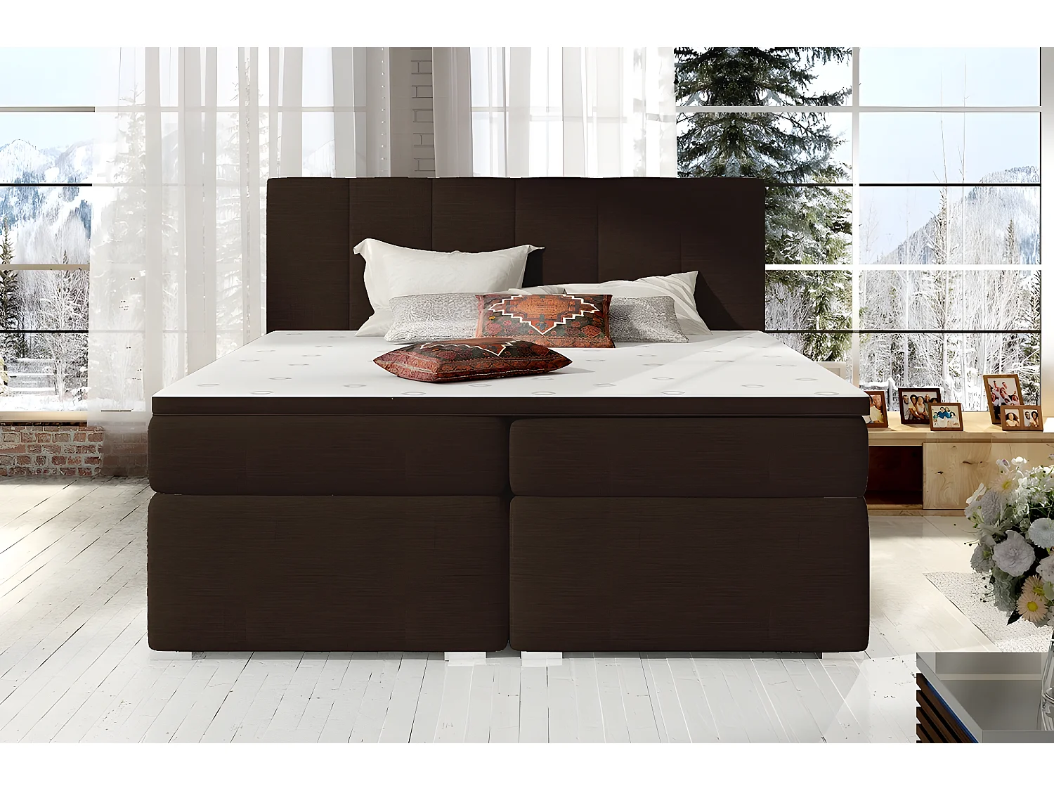 Ensemble boxspring complet tête de lit + sommiers + matelas + surmatelas BORIS de VENESETTI - tissu luxe chocolat - 160x200 cm