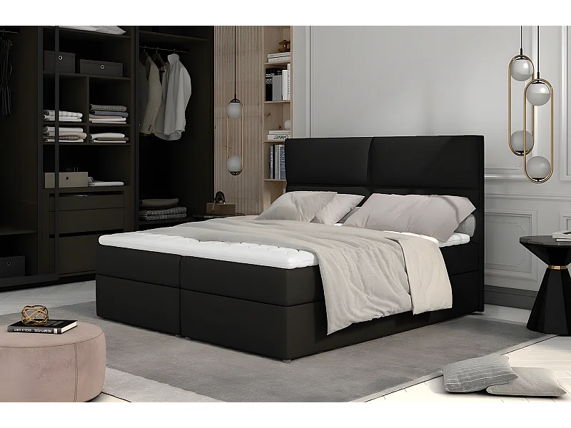 Ensemble boxspring complet tête de lit + sommiers + matelas + surmatelas AMARIS de VENESETTI - tissu luxe noir - 160x200 cm