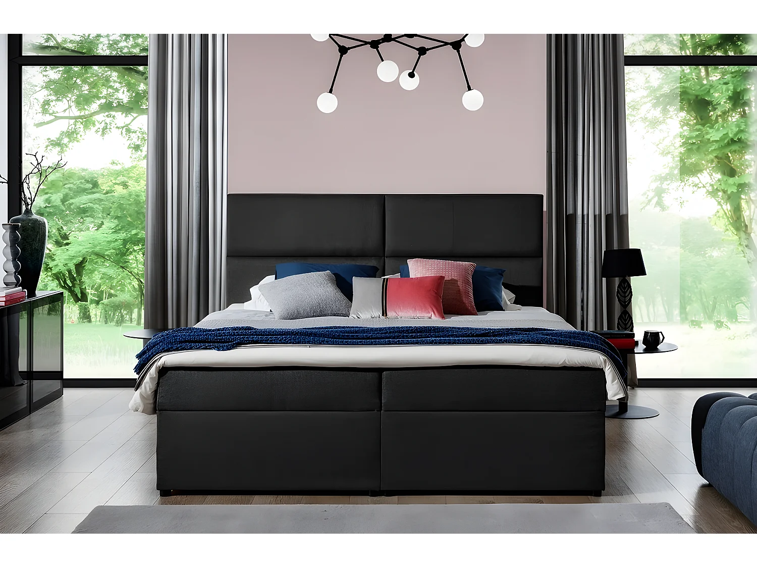 Ensemble boxspring complet tête de lit + sommiers + matelas + surmatelas AMARIS de VENESETTI - tissu luxe noir - 160x200 cm