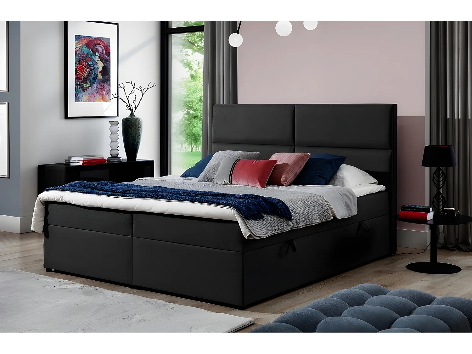 Ensemble boxspring complet tête de lit + sommiers + matelas + surmatelas AMARIS de VENESETTI - tissu luxe noir - 160x200 cm
