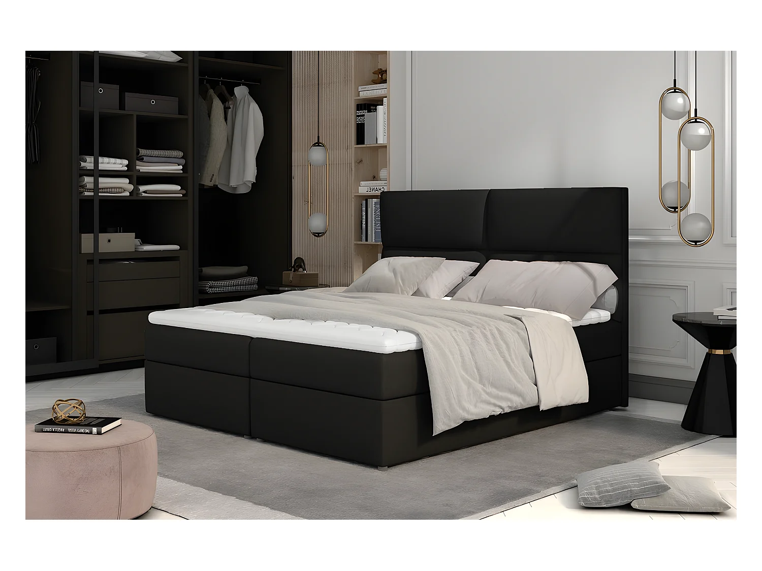 Ensemble boxspring complet tête de lit + sommiers + matelas + surmatelas AMARIS de VENESETTI - tissu luxe noir - 160x200 cm