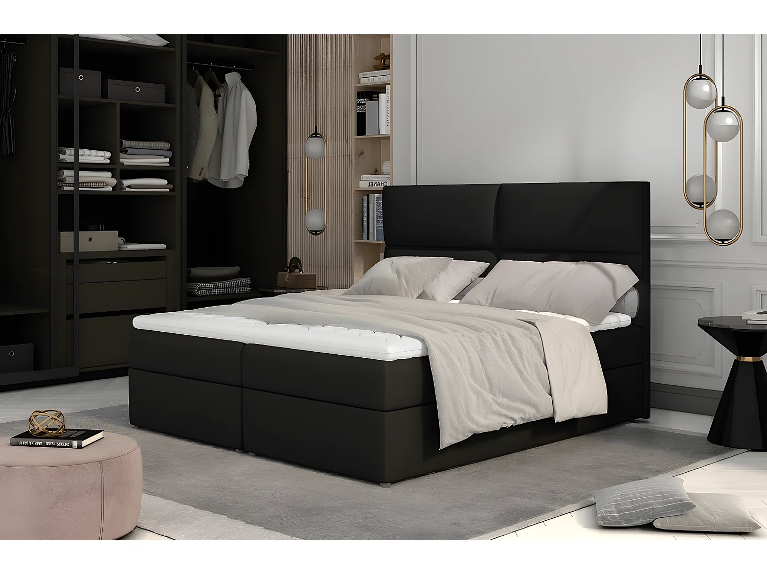 Ensemble boxspring complet tête de lit + sommiers + matelas + surmatelas AMARIS de VENESETTI - tissu luxe noir - 160x200 cm