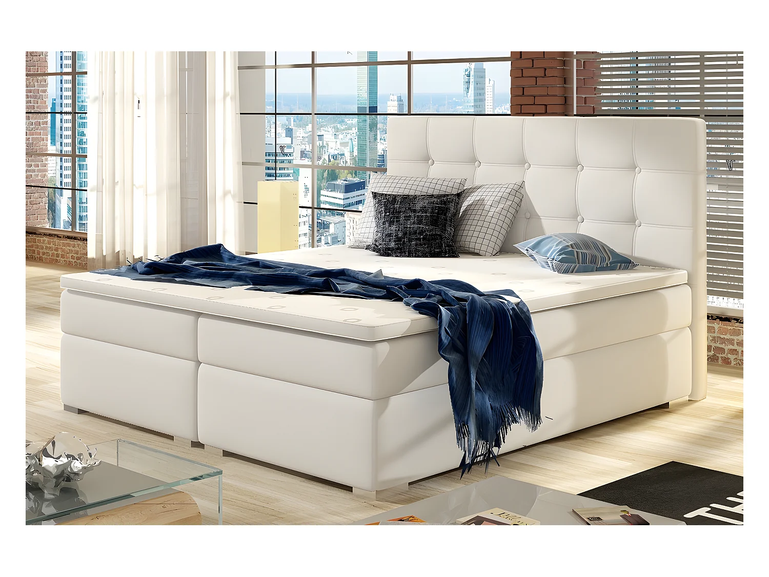 Ensemble boxspring complet tête de lit + sommiers + matelas + surmatelas INAYA de VENESETTI - simili cuir blanc cassé - 160x200 cm