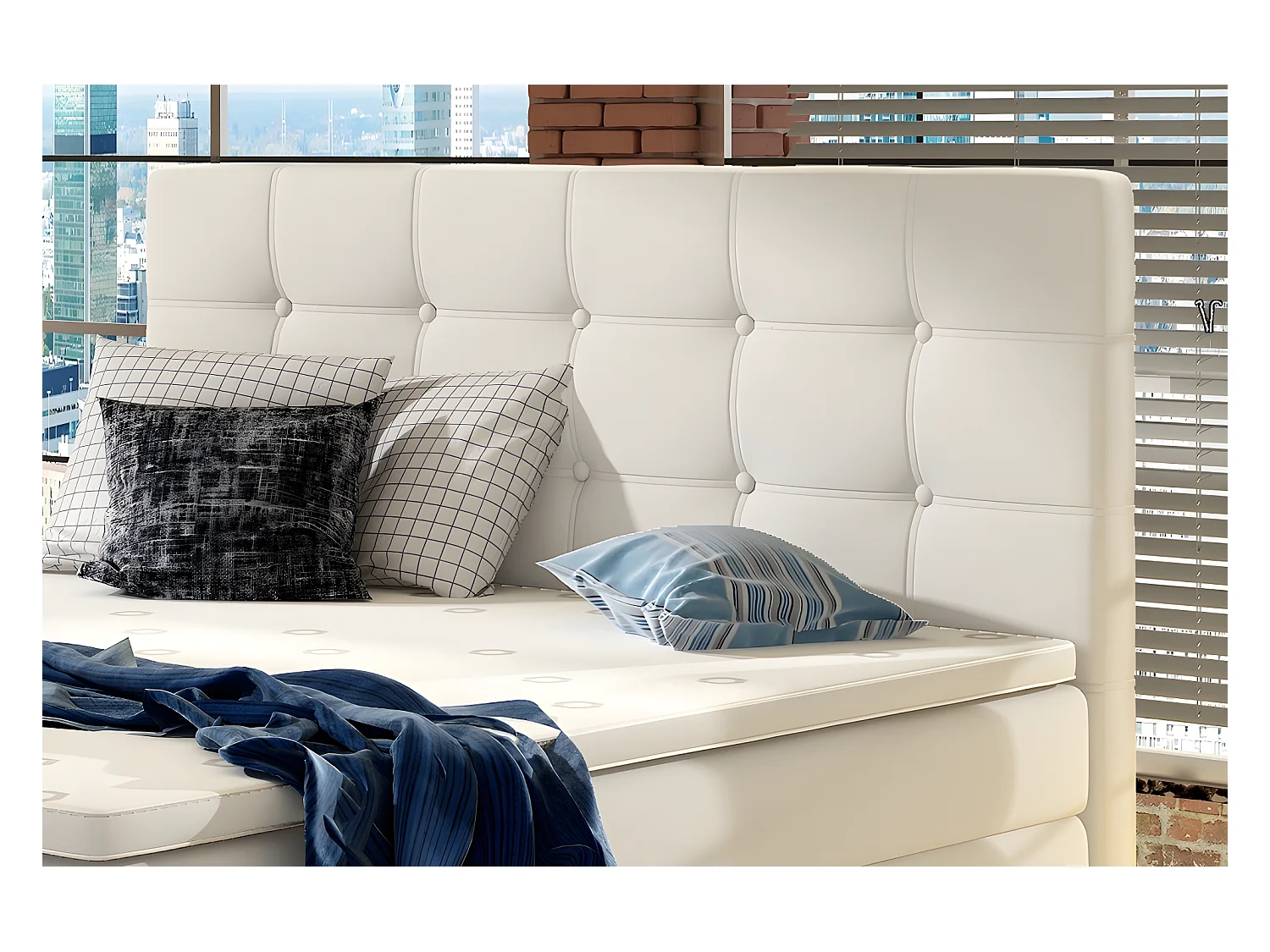 Ensemble boxspring complet tête de lit + sommiers + matelas + surmatelas INAYA de VENESETTI - simili cuir blanc cassé - 160x200 cm