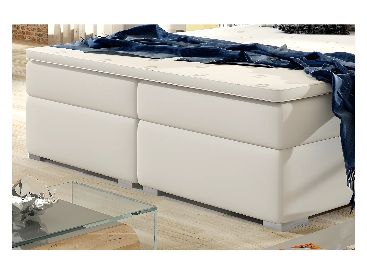 Ensemble boxspring complet tête de lit + sommiers + matelas + surmatelas INAYA de VENESETTI - simili cuir blanc cassé - 160x200 cm