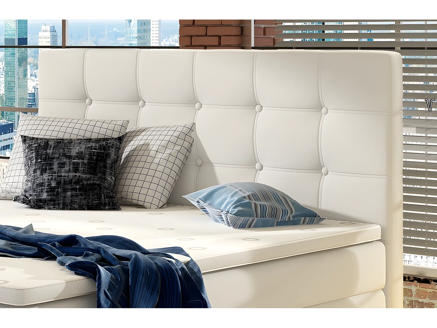 Ensemble boxspring complet tête de lit + sommiers + matelas + surmatelas INAYA de VENESETTI - simili cuir blanc cassé - 160x200 cm