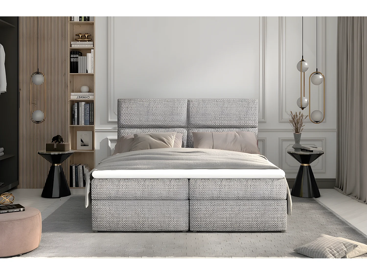Ensemble boxspring complet tête de lit + sommiers + matelas + surmatelas AMARIS de VENESETTI - tissu luxe gris - 180x200 cm