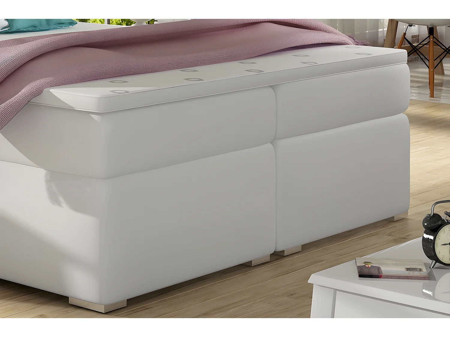 Ensemble boxspring complet tête de lit + sommiers + matelas + surmatelas ALVEN - simili cuir blanc cassé - 180x200 cm