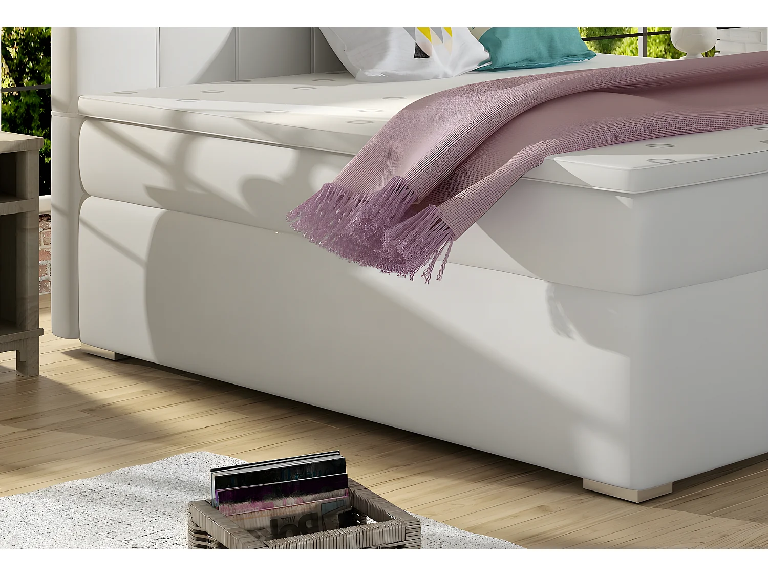 Ensemble boxspring complet tête de lit + sommiers + matelas + surmatelas ALVEN - simili cuir blanc cassé - 180x200 cm