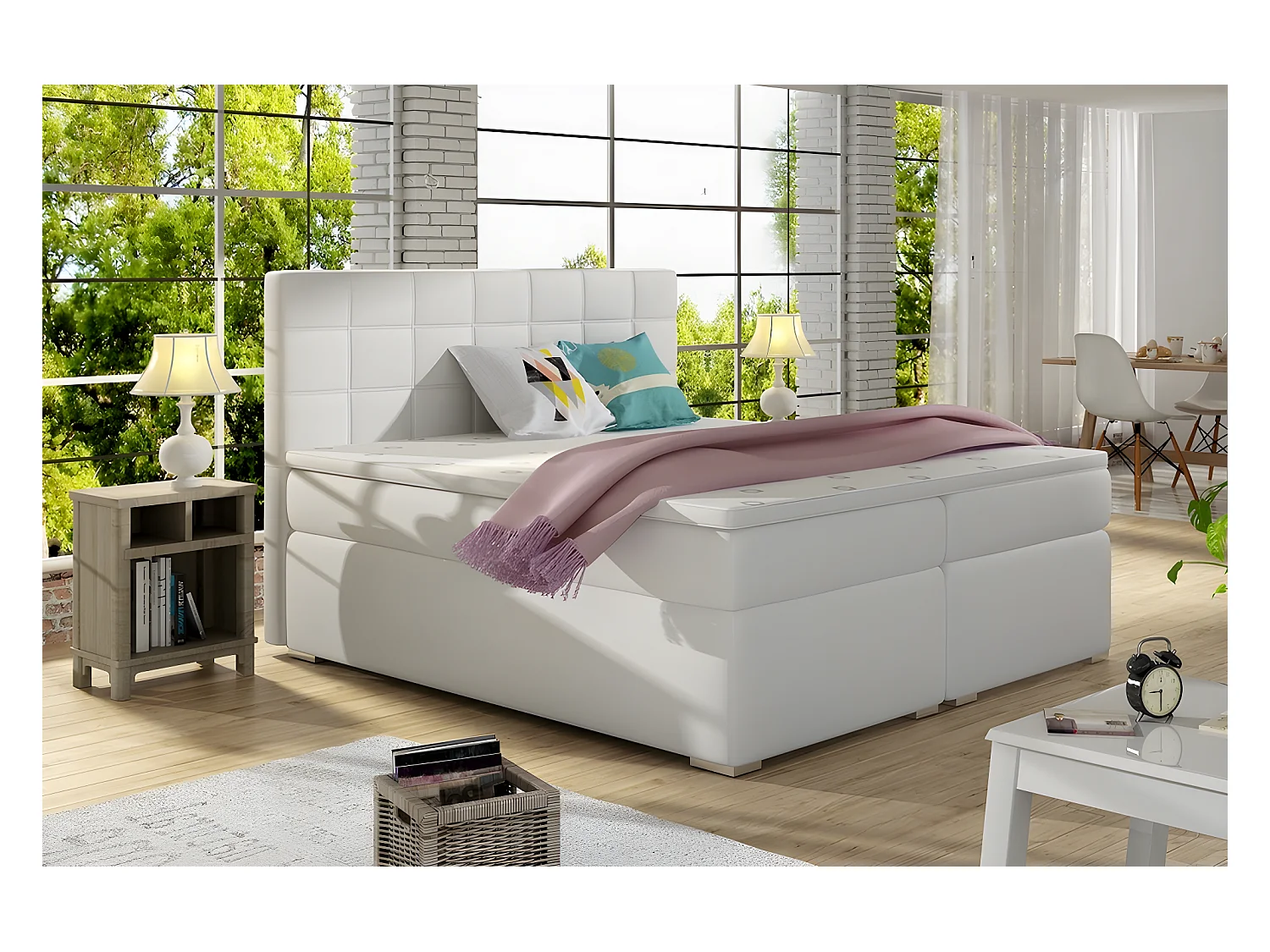 Ensemble boxspring complet tête de lit + sommiers + matelas + surmatelas ALVEN - simili cuir blanc cassé - 180x200 cm