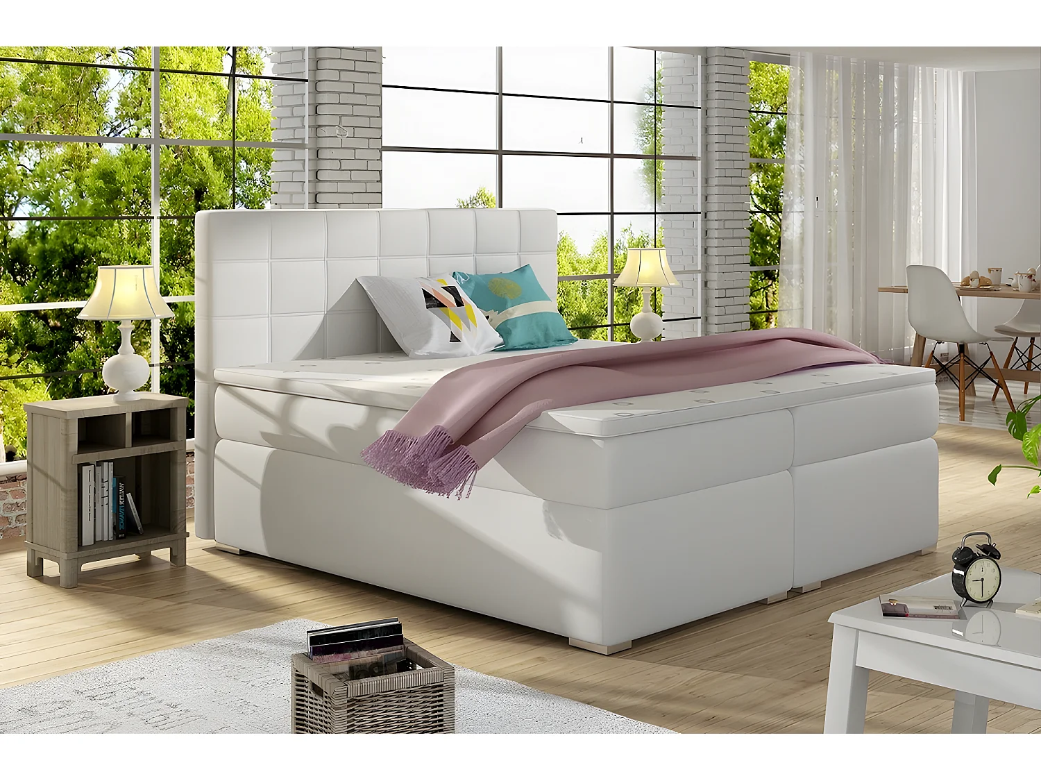 Ensemble boxspring complet tête de lit + sommiers + matelas + surmatelas ALVEN - simili cuir blanc cassé - 180x200 cm